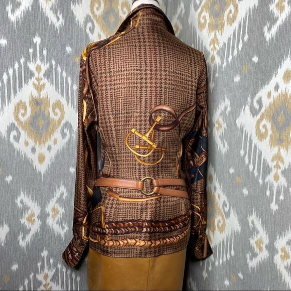 Ralph Lauren Brown Multi Glen Plaid Equestrian Elegance Silk Print Blouse - Picture 8 of 16